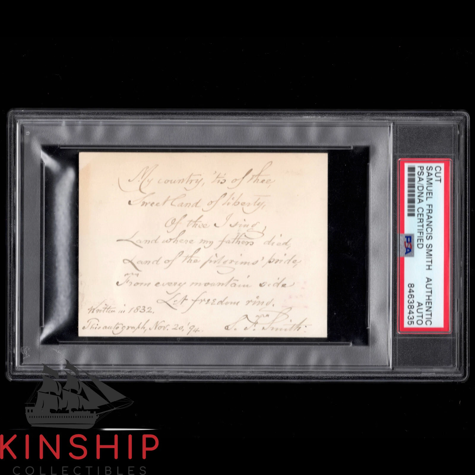 Samuel Francis Smith signed 3x4 Cut PSA DNA Slabbed Auto America Lyrics Rare K22
