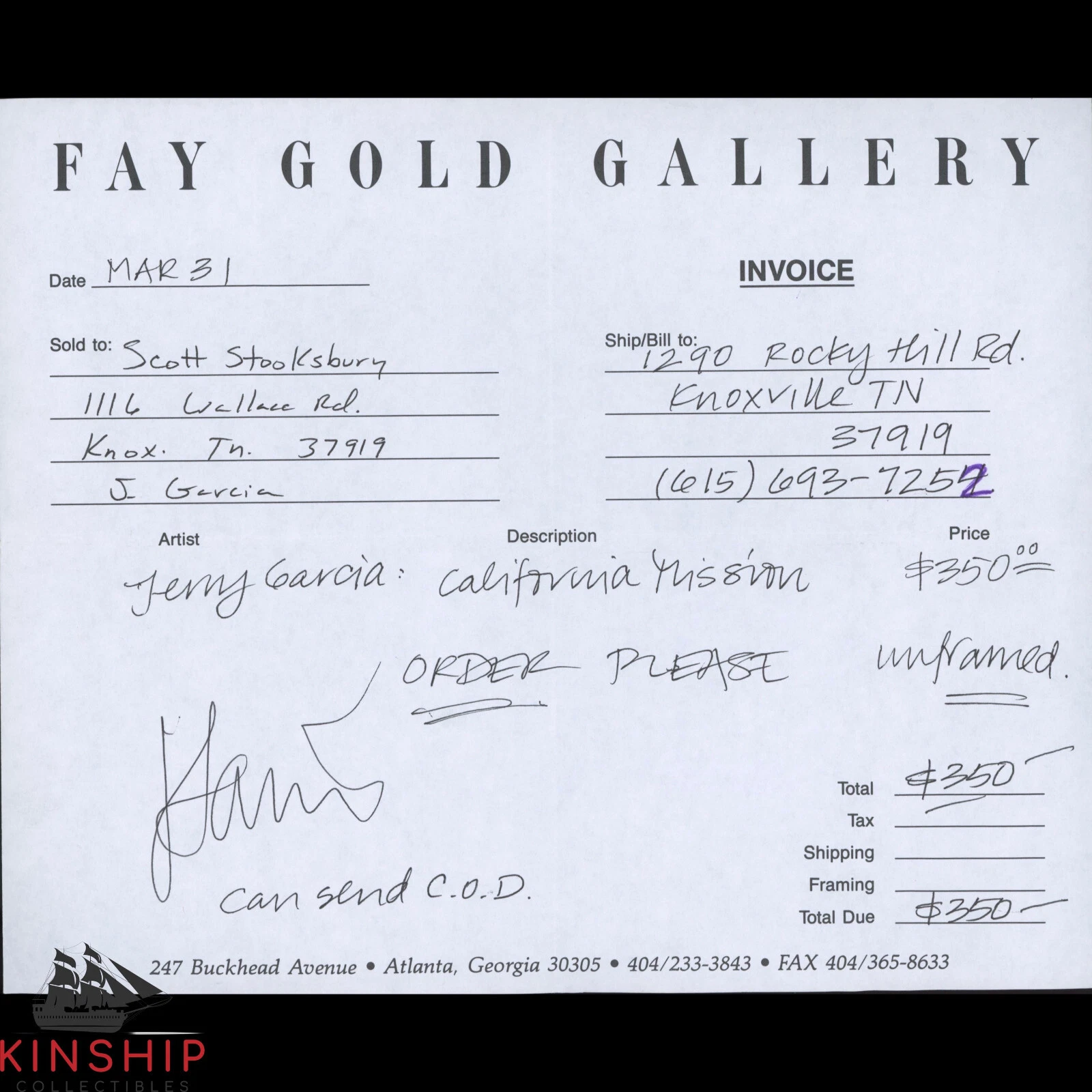 Jerry Garcia signed Art Invoice JSA LOA AUTO GRADE 9 Rare Grateful Dead Z1182
