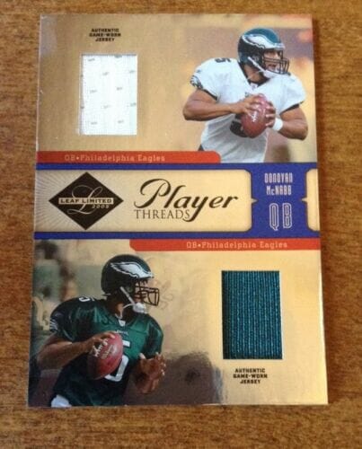 2005 LEAF LIMITED FOOTBALL DONOVAN MCNABB PLAYER THREADS DUAL JERSEY CARD #36/50
 COLLECTIBLE MEMORABILIA