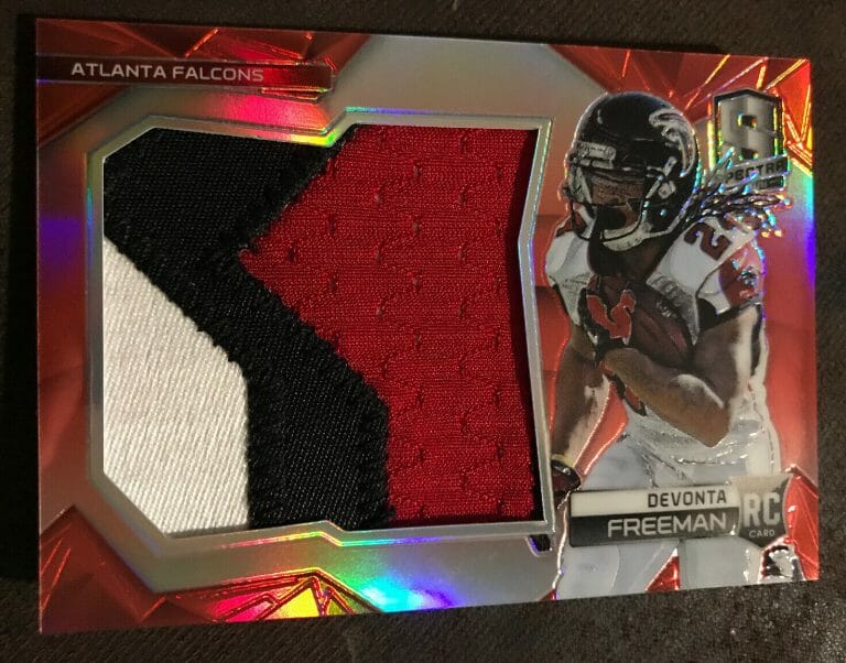 2014 PANINI SPECTRA DEVONTA FREEMAN ROOKIE RED PRIZM 3 COLOR PATCH #5/10!!!
 COLLECTIBLE MEMORABILIA