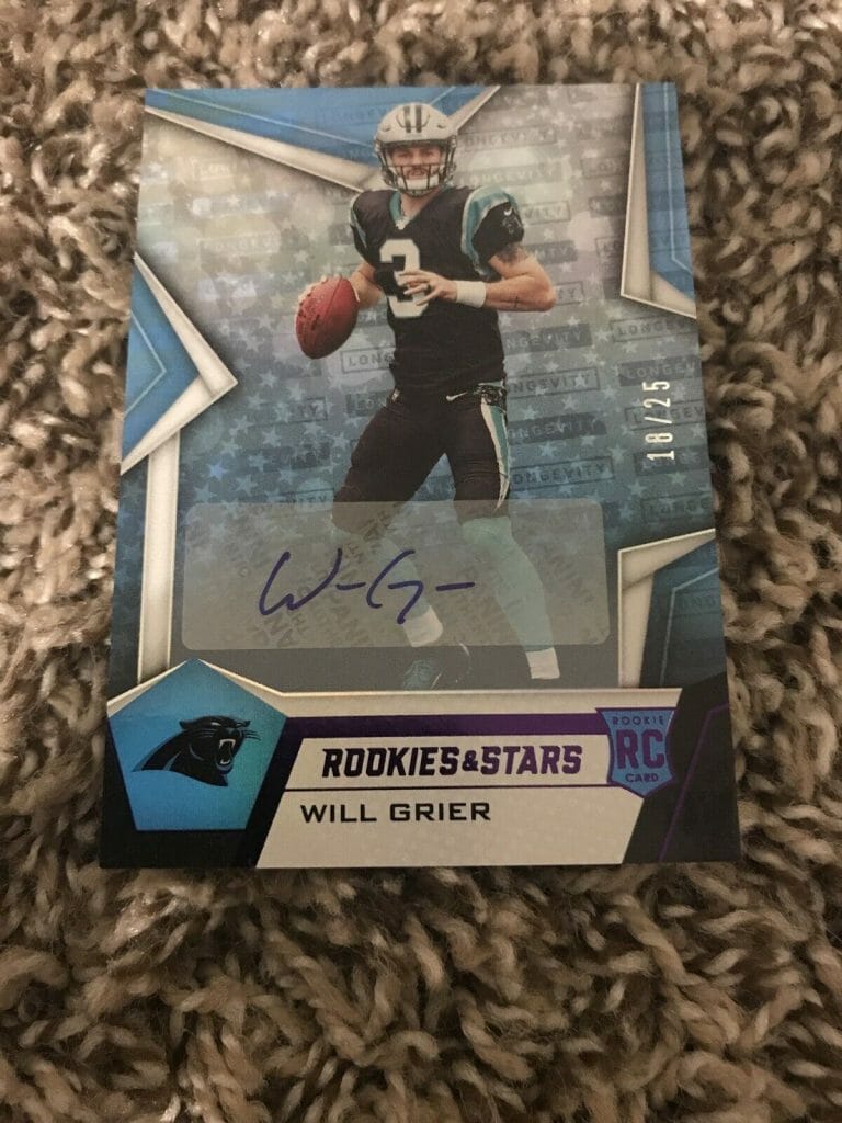 2019 ROOKIES & STARS WILL GRIER PANTHERS LONGEVITY ROOKIE AUTO PURPLE 18/25
 COLLECTIBLE MEMORABILIA