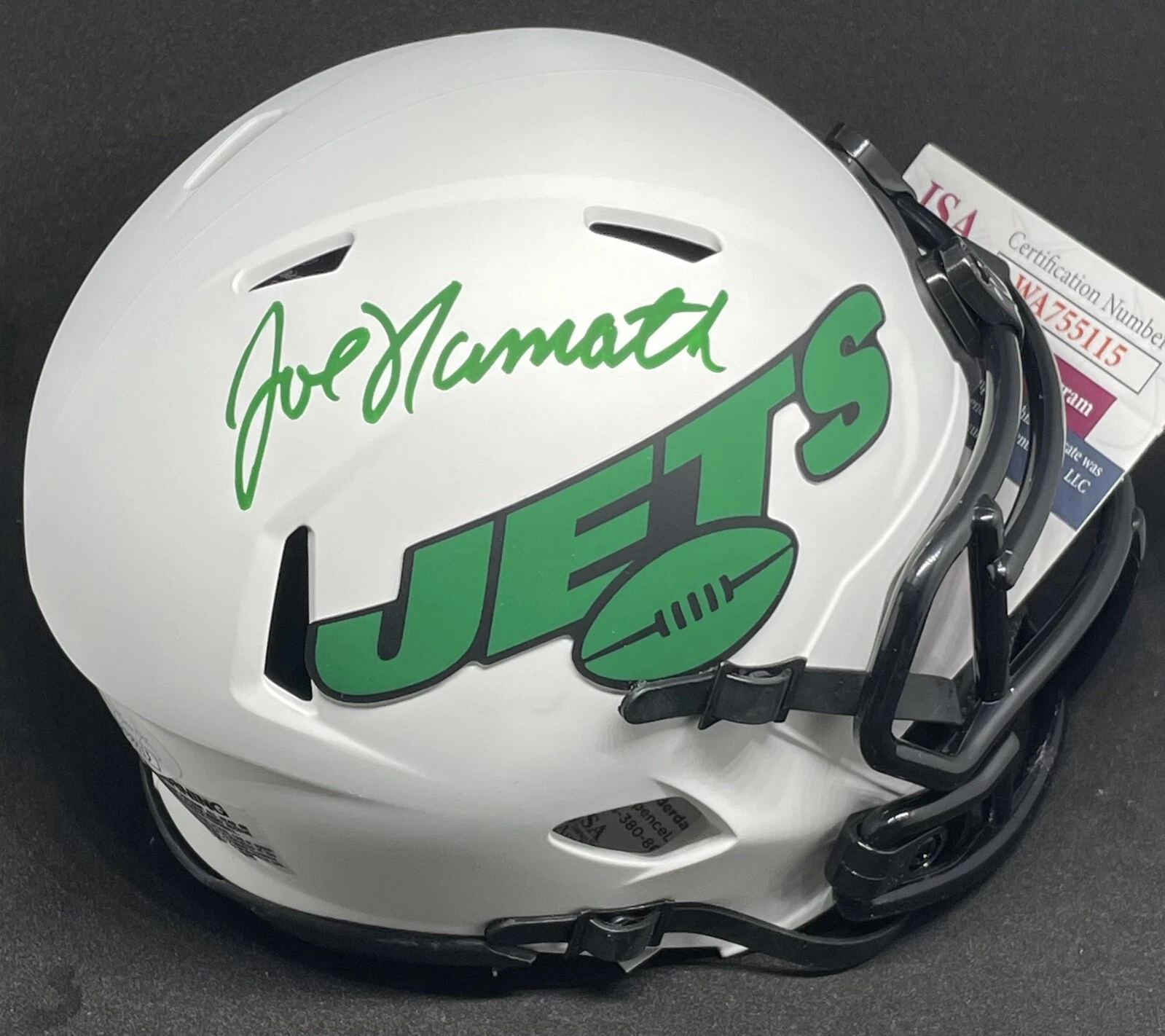 JOE NAMATH SIGNED NEW YORK JETS LUNAR ECLIPSE SPEED MINI HELMET JSA WA755115
