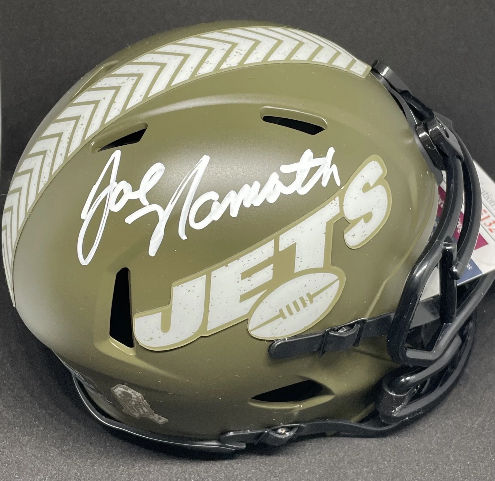 JOE NAMATH SIGNED NEW YORK JETS SALUTE TO SERVICE MINI HELMET JSA WA755132
