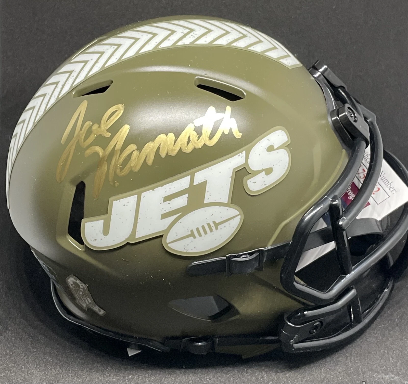 JOE NAMATH SIGNED NEW YORK JETS SALUTE TO SERVICE MINI HELMET JSA WA755142

