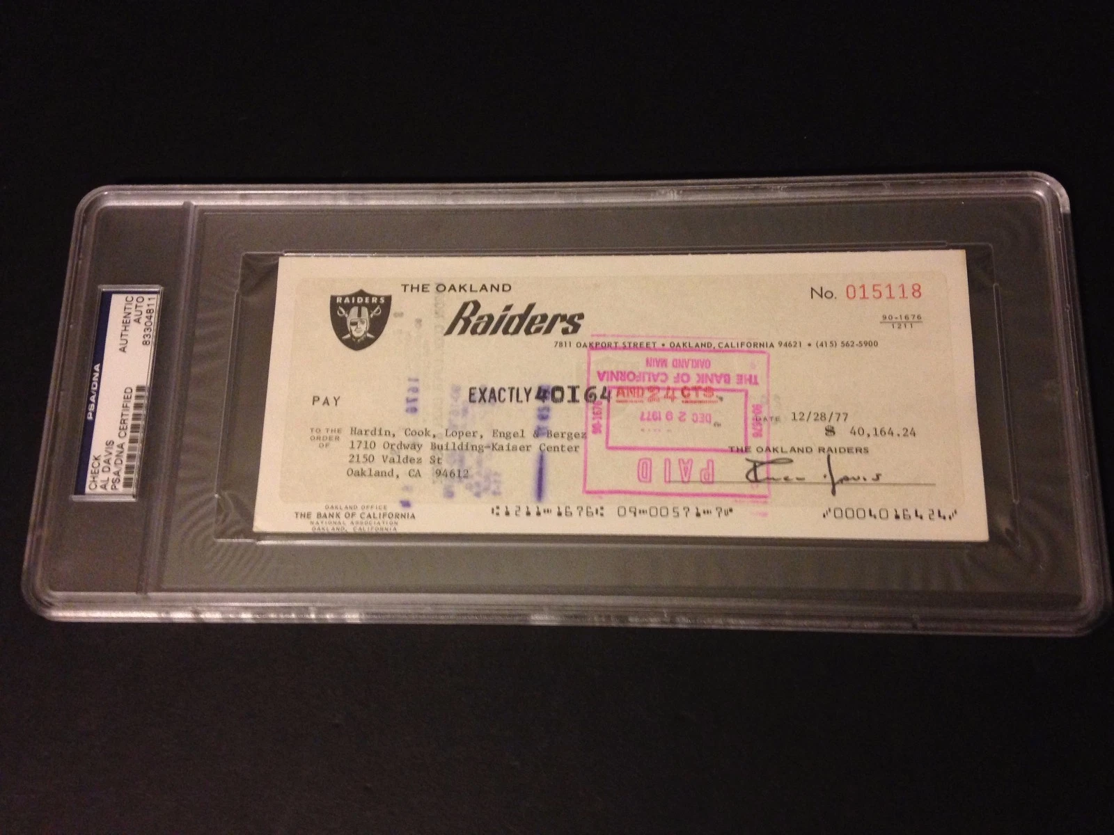 Al Davis Raiders HOF Check Signed Auto PSA/DNA ENCAPSULATED 12x5.5 Case
