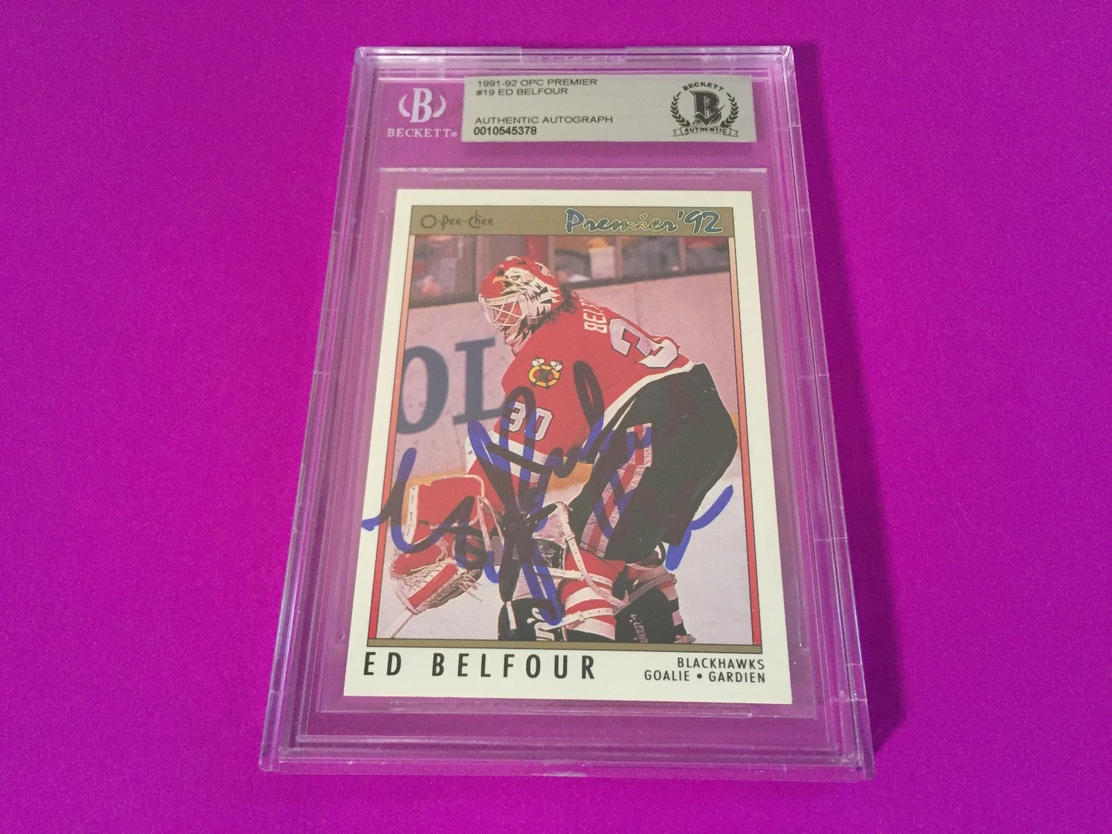 Ed Belfour HOF 1991-92 OPC Premier Signed Auto Beckett SLABBED BAS
