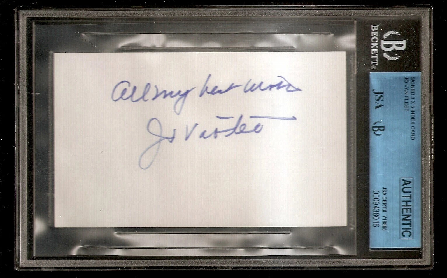 Jo Van Fleet Oscar Academy Award Signed Auto Index Card JSA ENCAPSULATED
