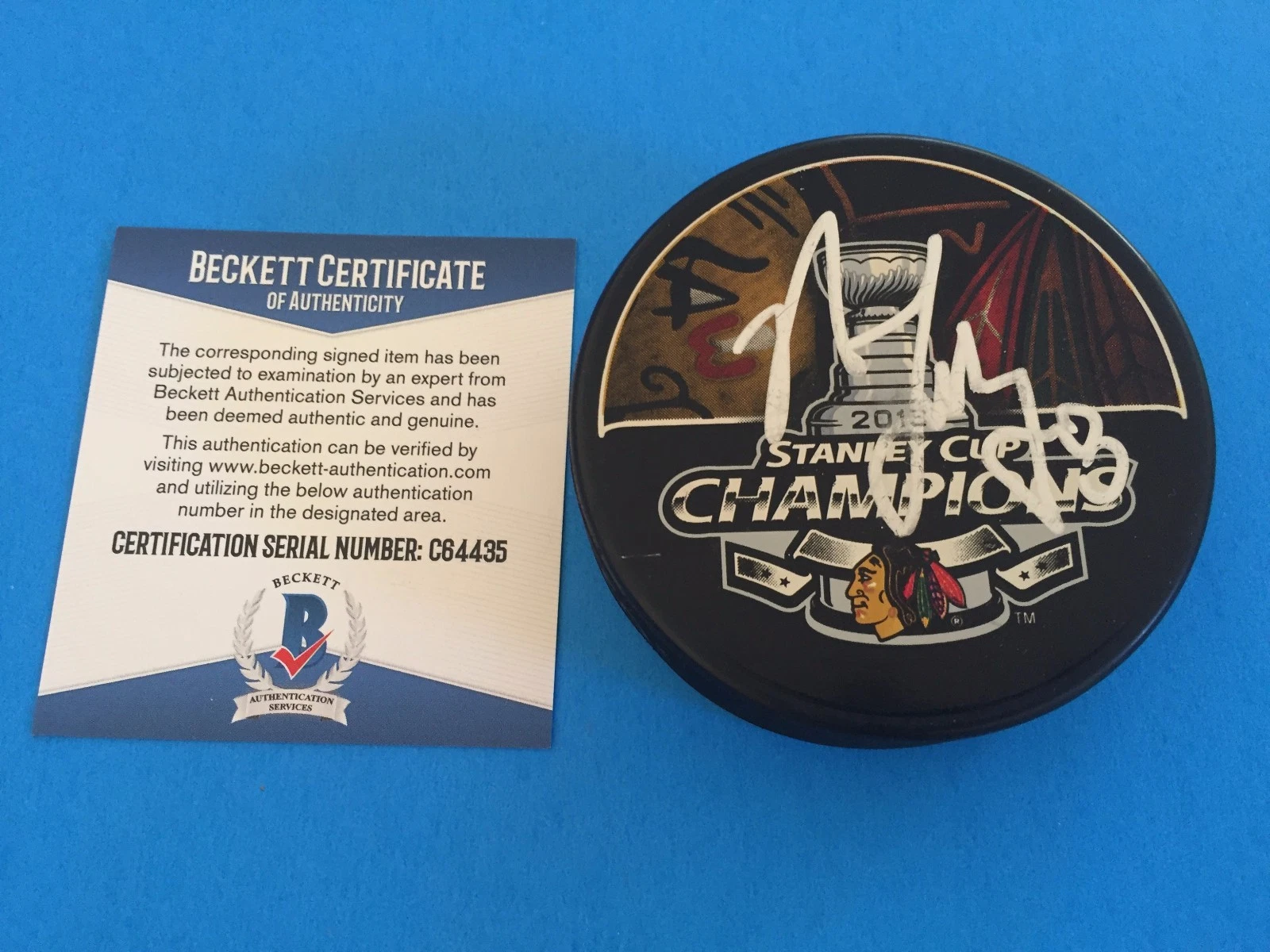 Nick Leddy 2013 Stanley Cup Champions Signed Puck Auto Beckett BAS COA
