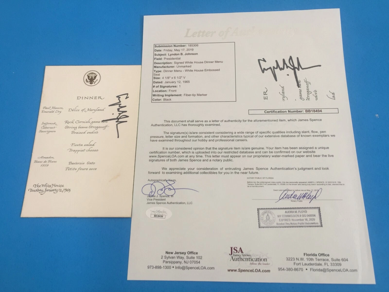 Lyndon B. Johnson 36th President Signed Auto White House Dinner Menu JSA COA
