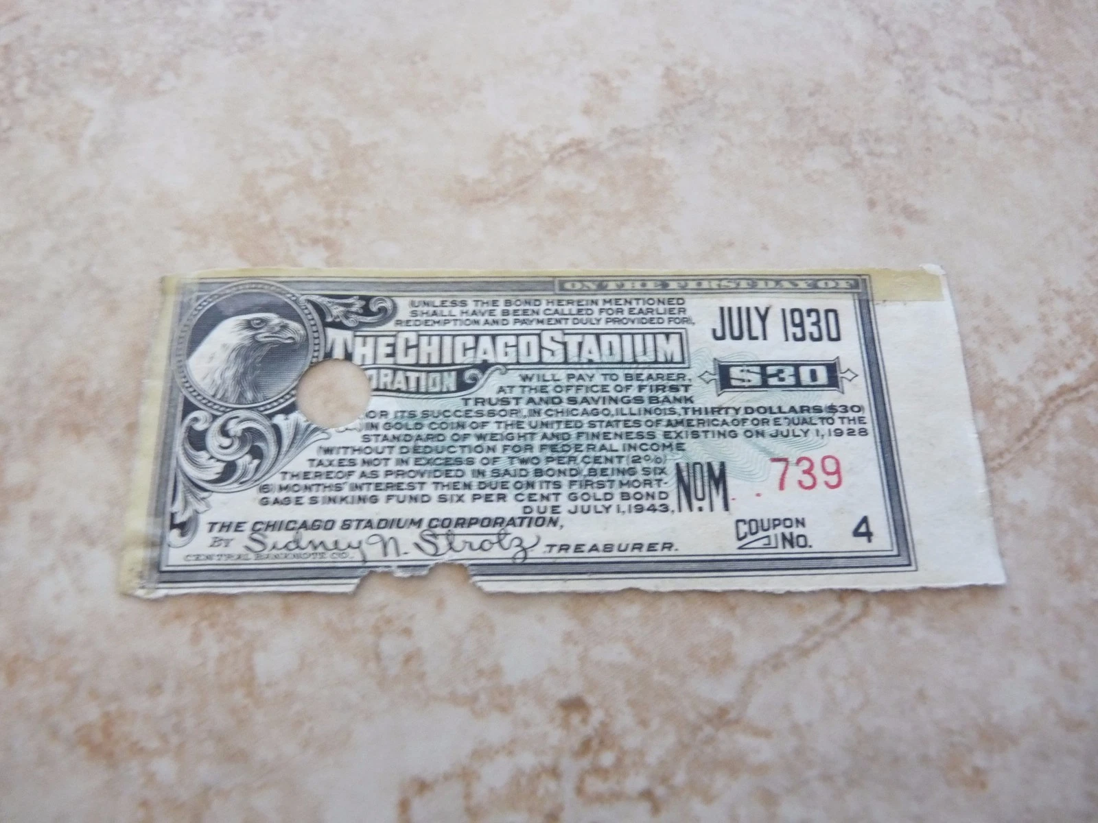 Chicago Football Boxing Hockey Stadium 1930 Building Bond Coupon Stub Receipt
