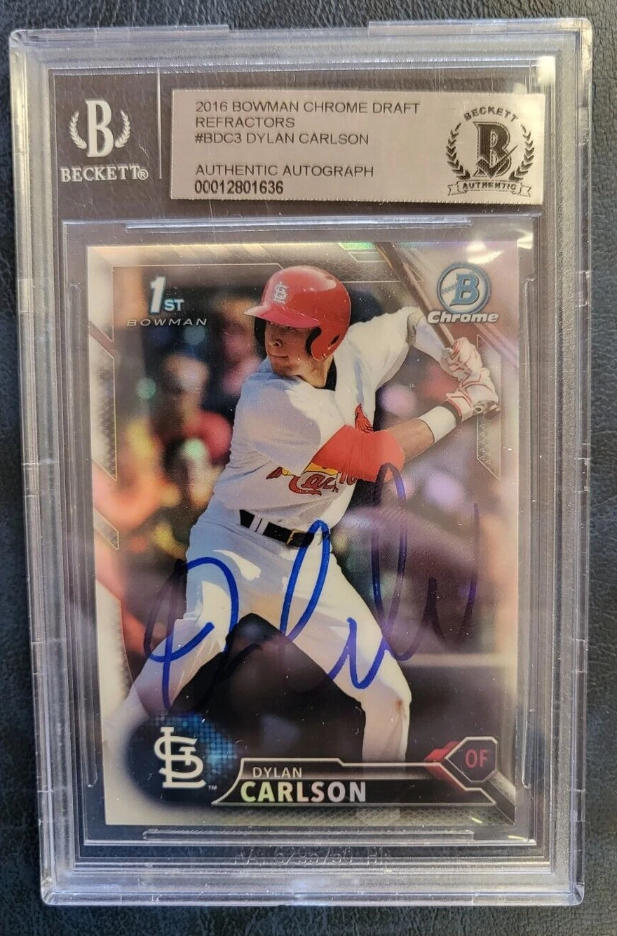2016 BOWMAN CHROME DRAFT REFRACTOR DYLAN CARLSON CARDINALS SIGNED CARD BECKETT
