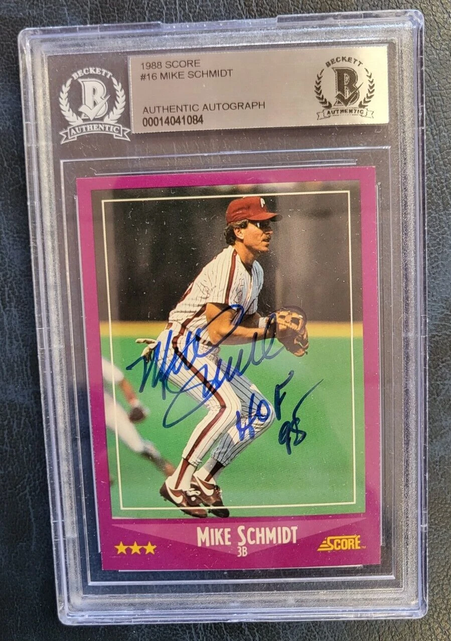 1988 SCORE MIKE SCHMIDT PHILLIES HOF 95 SIGNED AUTOGRAPHED CARD BECKETT AUTH **
