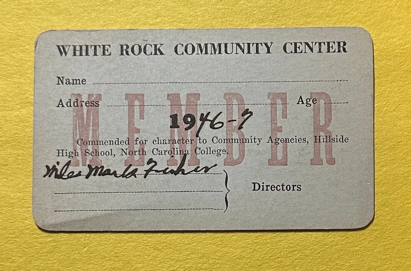 1946-47 VINTAGE WHITE ROCK COMMUNITY CENTER IDENTIFICATION CARD COLLECTIBLE MEMORABILIA