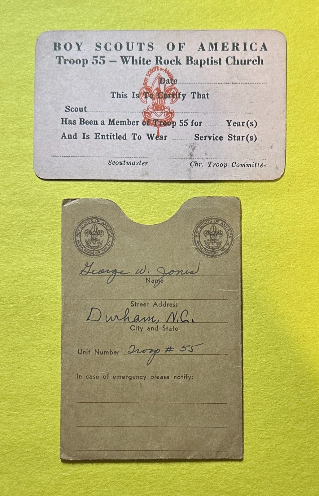 VINTAGE BOY SCOUTS OF AMERICA TROOP 55 WHITE ROCK BAPTISTS CHURCH ID CARD COLLECTIBLE MEMORABILIA
