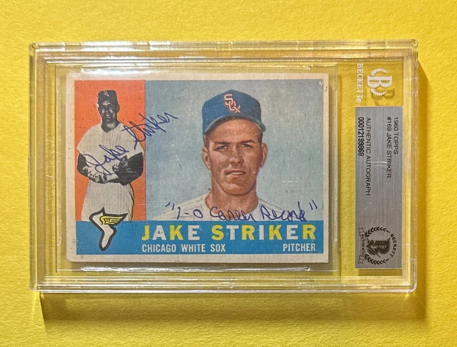 1960 TOPPS JAKE STRIKER #169 AUTHENTIC AUTO BECKETT CERT INSCRIBED 