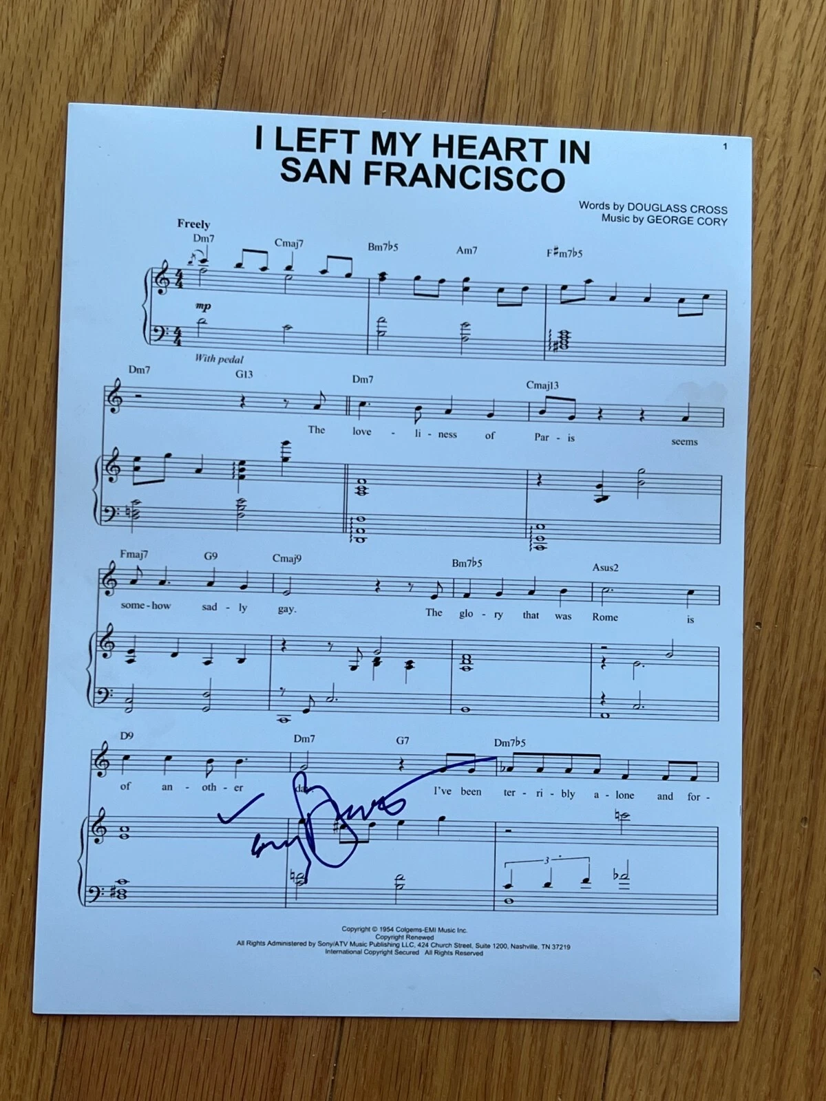 TONY BENNETT SIGNED AUTOGRAPH SHEET MUSIC LEFT HEART SAN FRANCISCO COA BAS X2 COLLECTIBLE MEMORABILIA