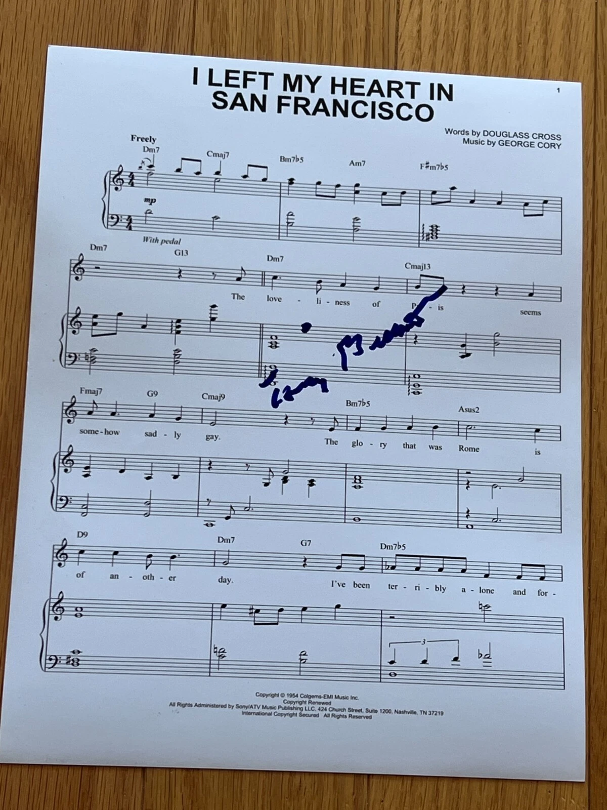 TONY BENNETT SIGNED AUTOGRAPH SHEET MUSIC LEFT HEART SAN FRANCISCO COA BAS X2 COLLECTIBLE MEMORABILIA