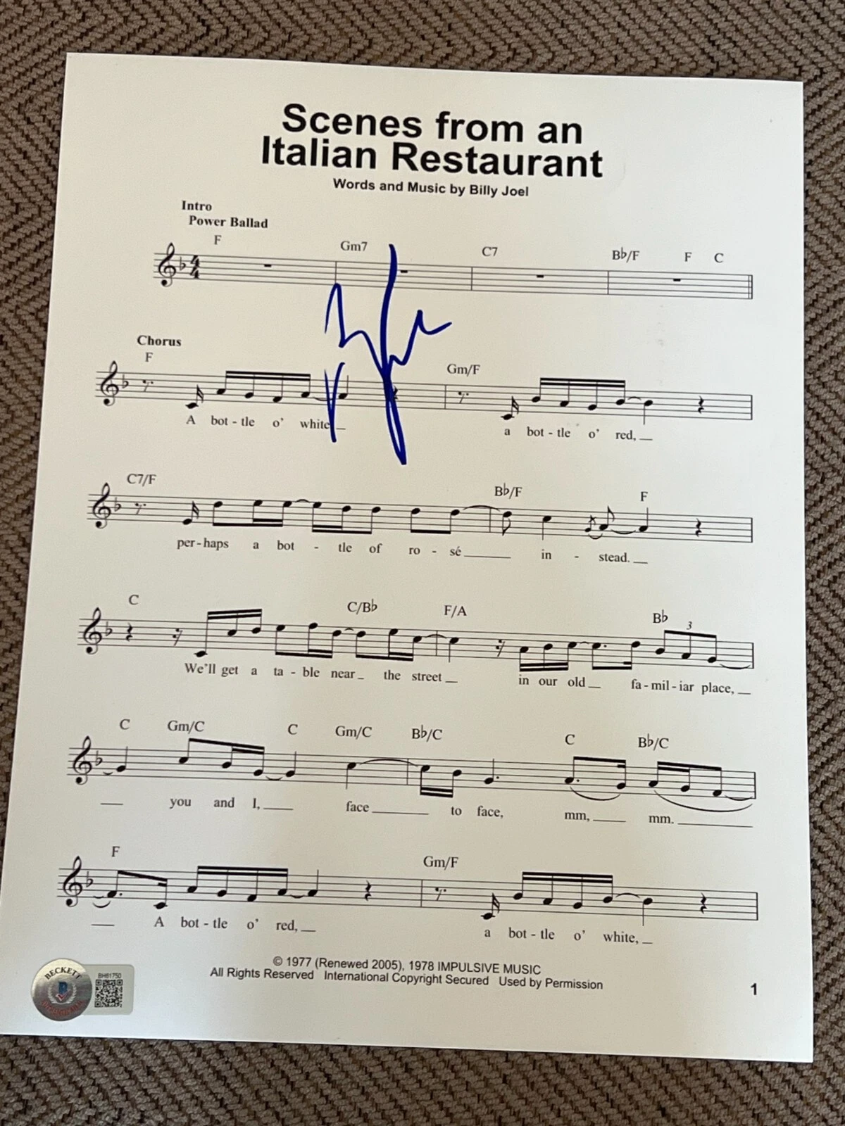 BILLY JOEL SIGNED AUTOGRAPH SHEET MUSIC SCENES FROM ITALIAN BECKETT BAS COA D2
