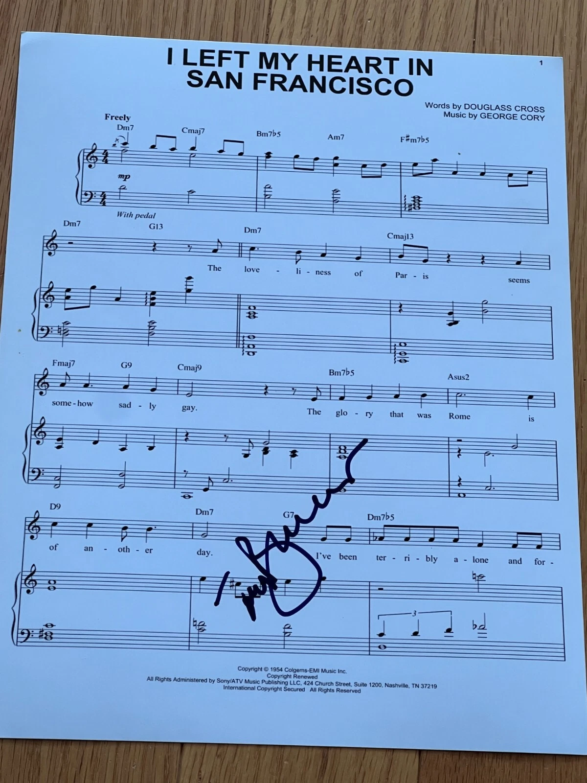 TONY BENNETT SIGNED AUTOGRAPH SHEET MUSIC LEFT HEART SAN FRANCISCO COA BAS X1 COLLECTIBLE MEMORABILIA