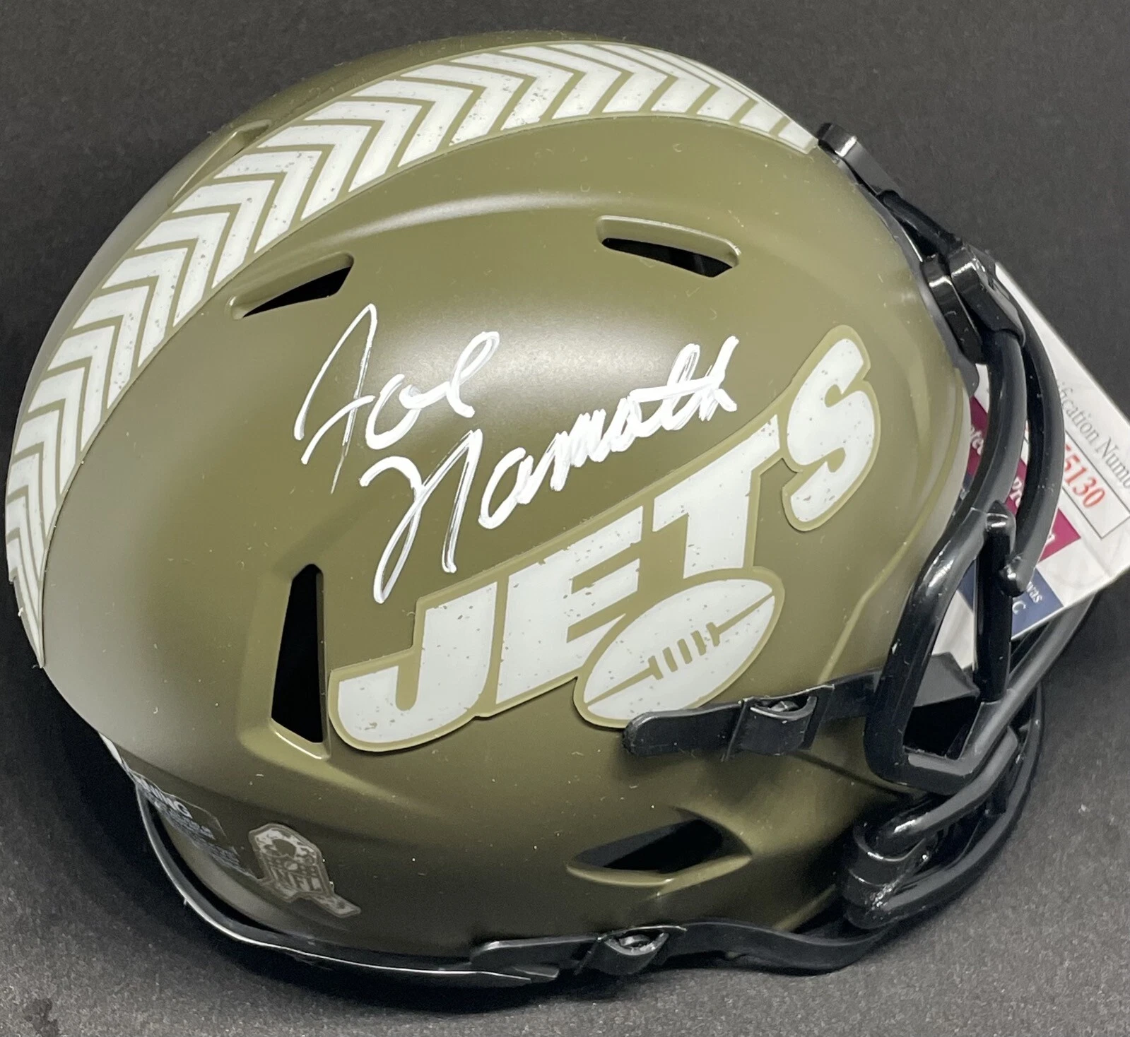 JOE NAMATH SIGNED NEW YORK JETS SALUTE TO SERVICE MINI HELMET JSA WA755130
