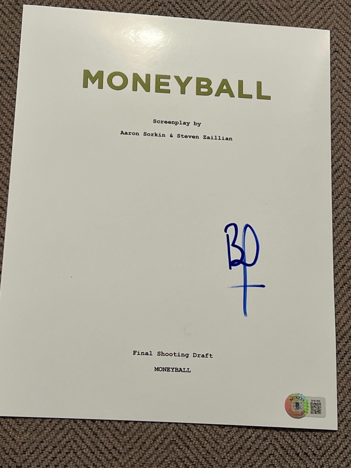 BRAD PITT SIGNED AUTOGRAPH MOVIE SCRIPT MONEYBALL BECKETT BAS COA E
