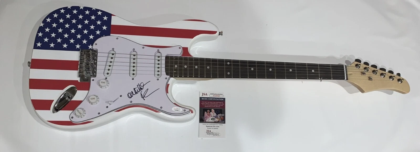 HARRY WAYNE CASEY SIGNED USA FLAG ELECTRIC GUITAR KC & THE SUNSHINE BAND JSA COA
