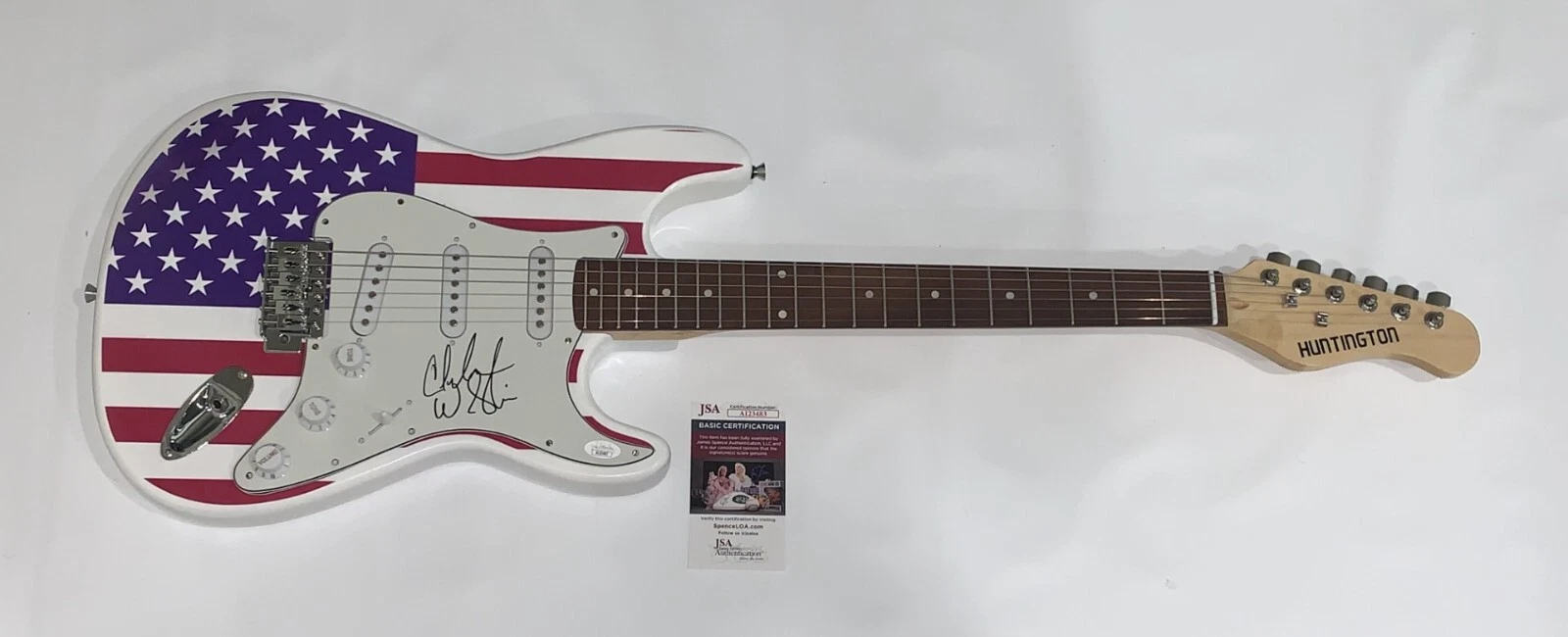 CHARLES WESLEY GODWIN SIGNED USA FLAG ELECTRIC GUITAR AUTOGRAPHED JSA COA
