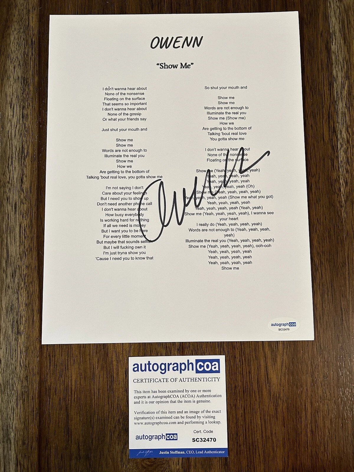 Owenn Pop Singer Signed Autographed ‘Show Me’ Lyric Sheet ACOA
