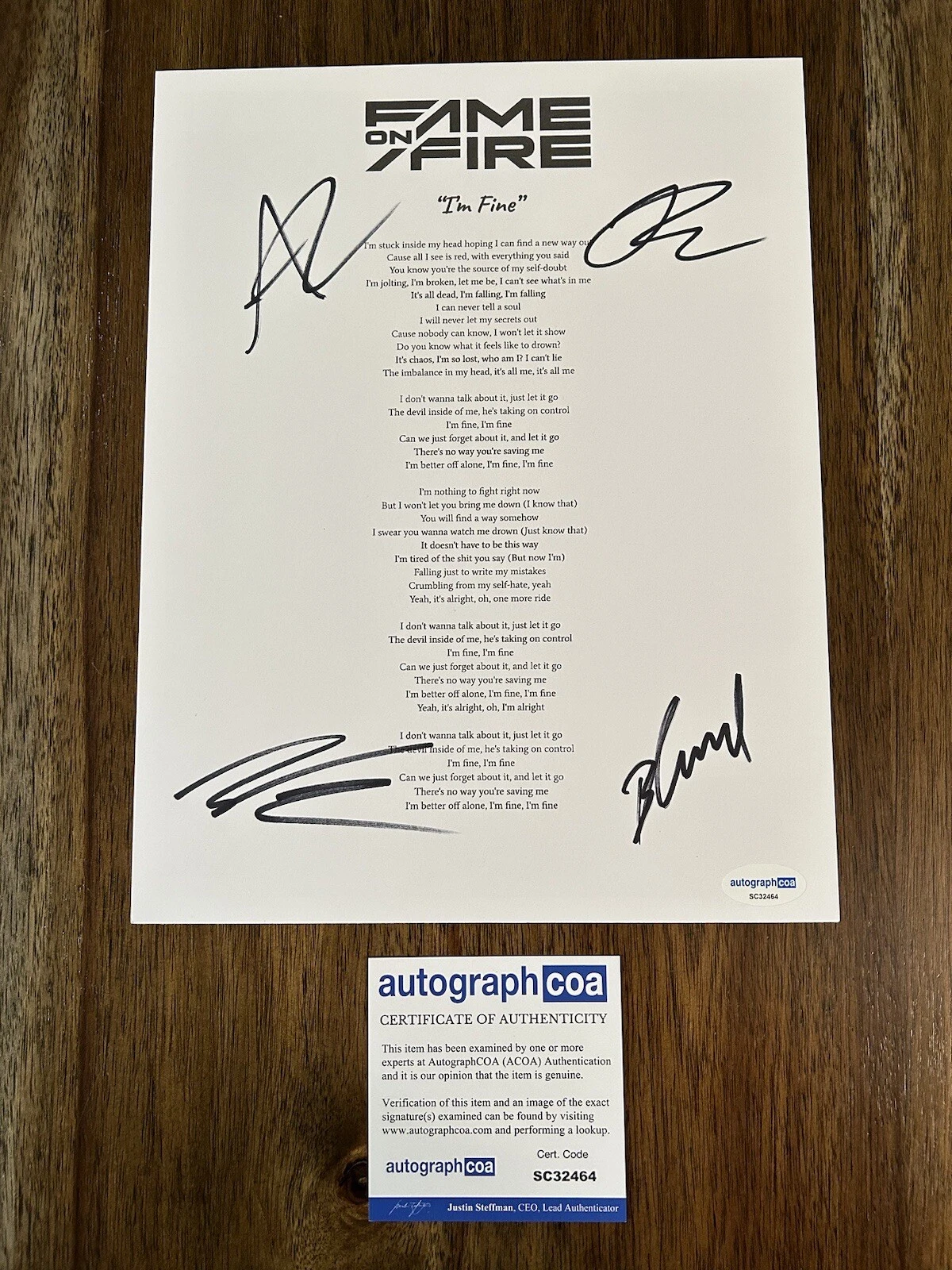 ‘FAME ON FIRE’ FULL ROCK BAND SIGNED AUTOGRAPH LYRICS SHEET ‘I’M FINE’ ACOA COLLECTIBLE MEMORABILIA