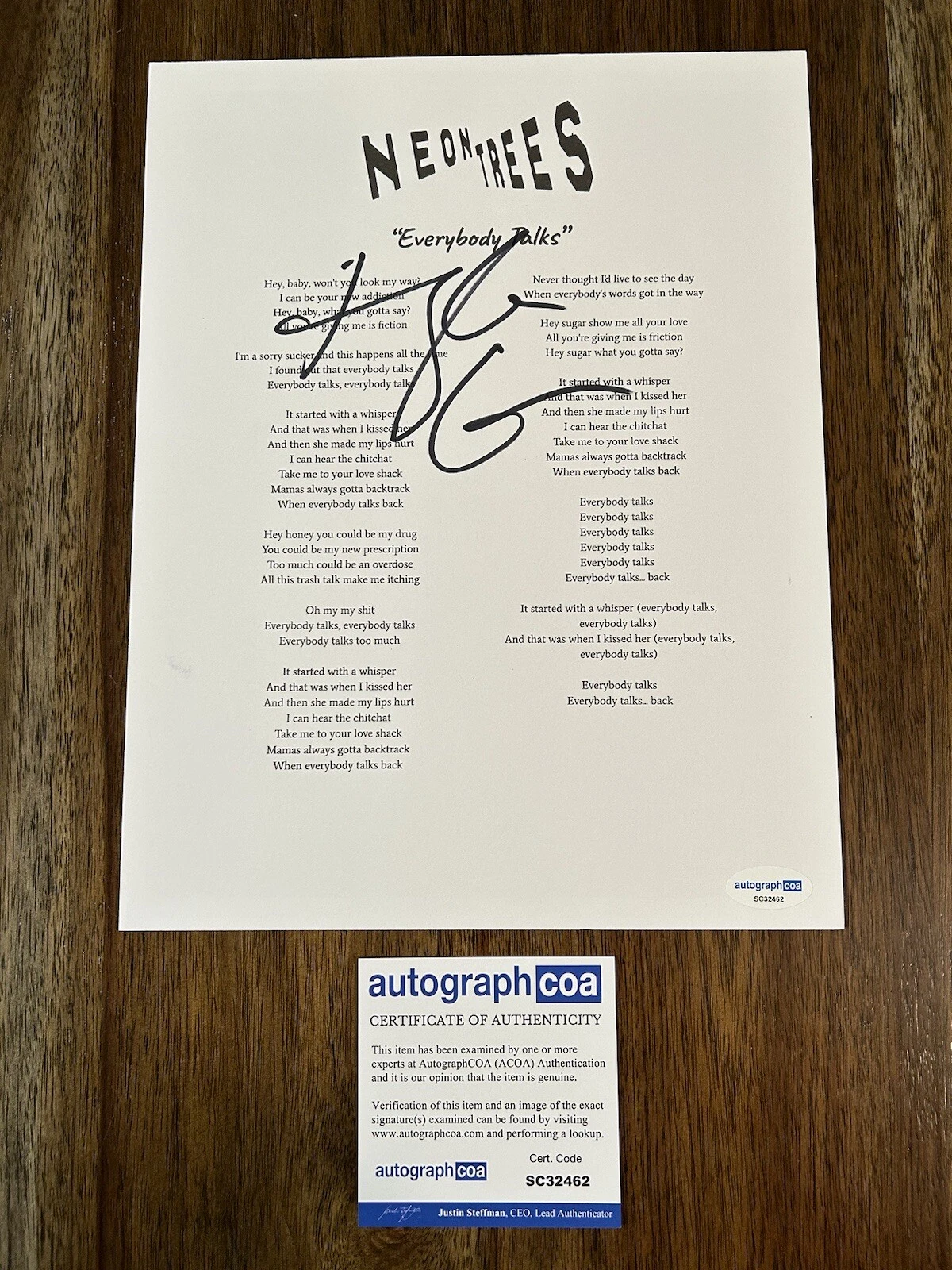 TYLER GLENN ‘NEON TREES’ SIGNED AUTOGRAPH ‘EVERYBODY TALKS’ LYRIC SHEET ACOA COLLECTIBLE MEMORABILIA