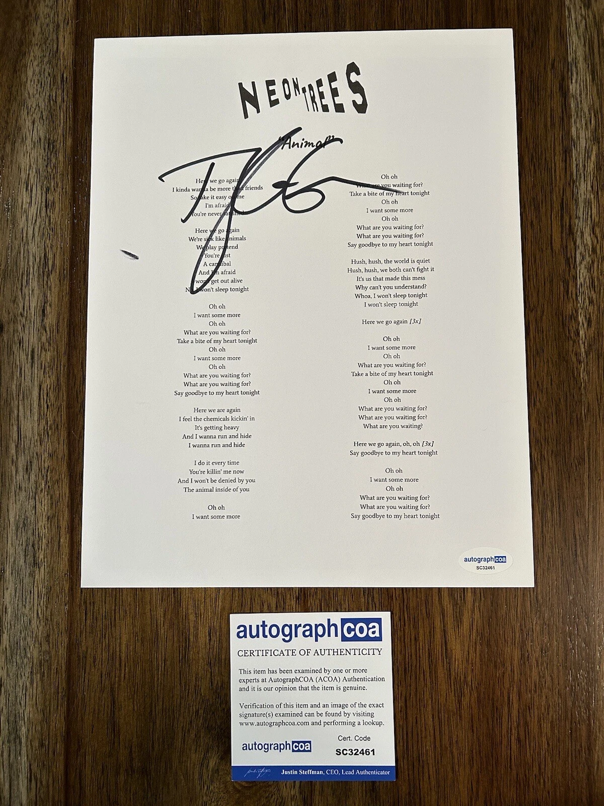 TYLER GLENN ‘NEON TREES’ SIGNED AUTOGRAPH ‘ANIMAL’ LYRIC SHEET ACOA COLLECTIBLE MEMORABILIA