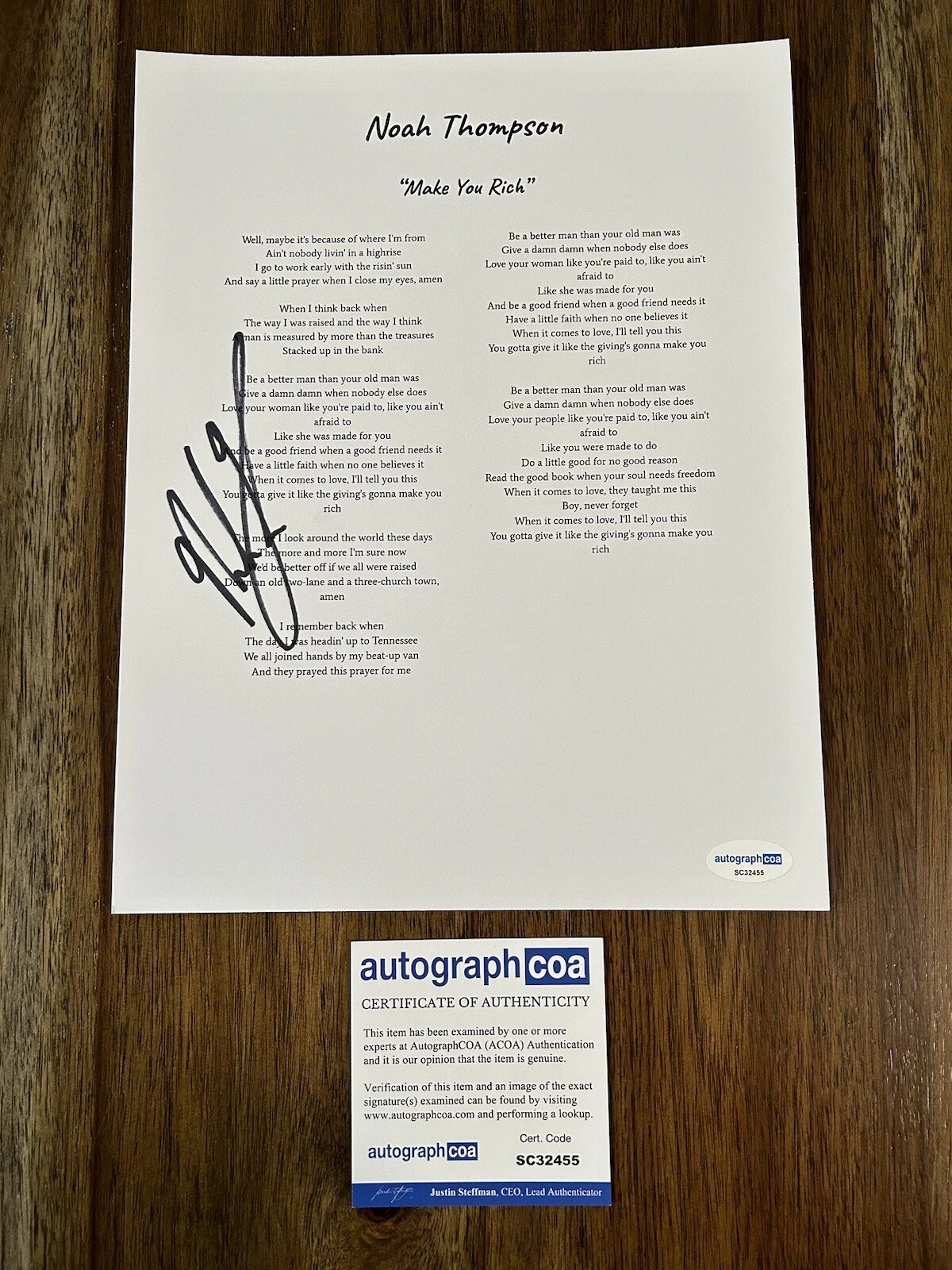 Noah Thompson Country Singer Signed Autograph ‘Make You Rich’ Lyrics Sheet ACOA
