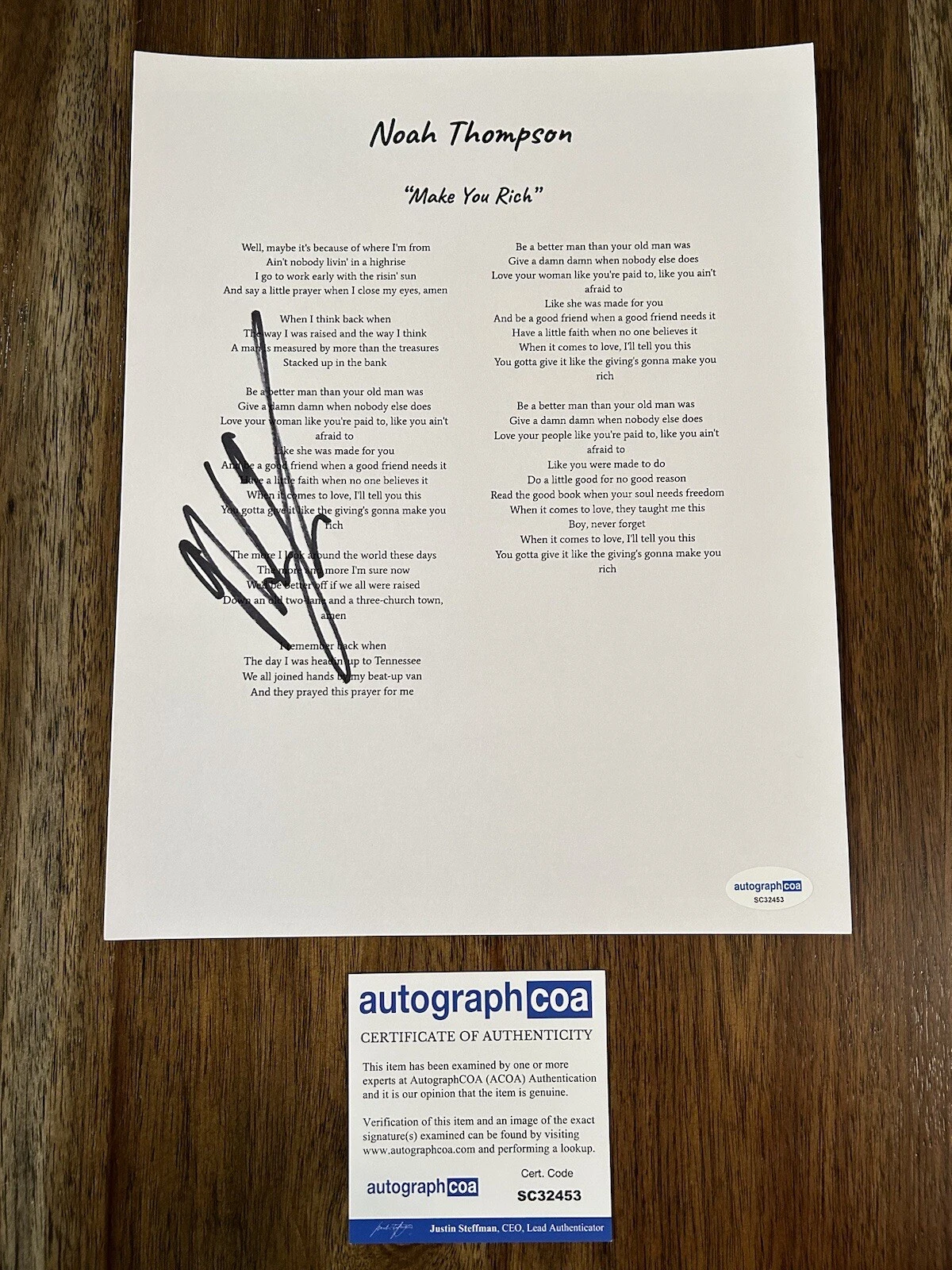 Noah Thompson Country Singer Signed Autograph ‘Make You Rich’ Lyrics Sheet ACOA
