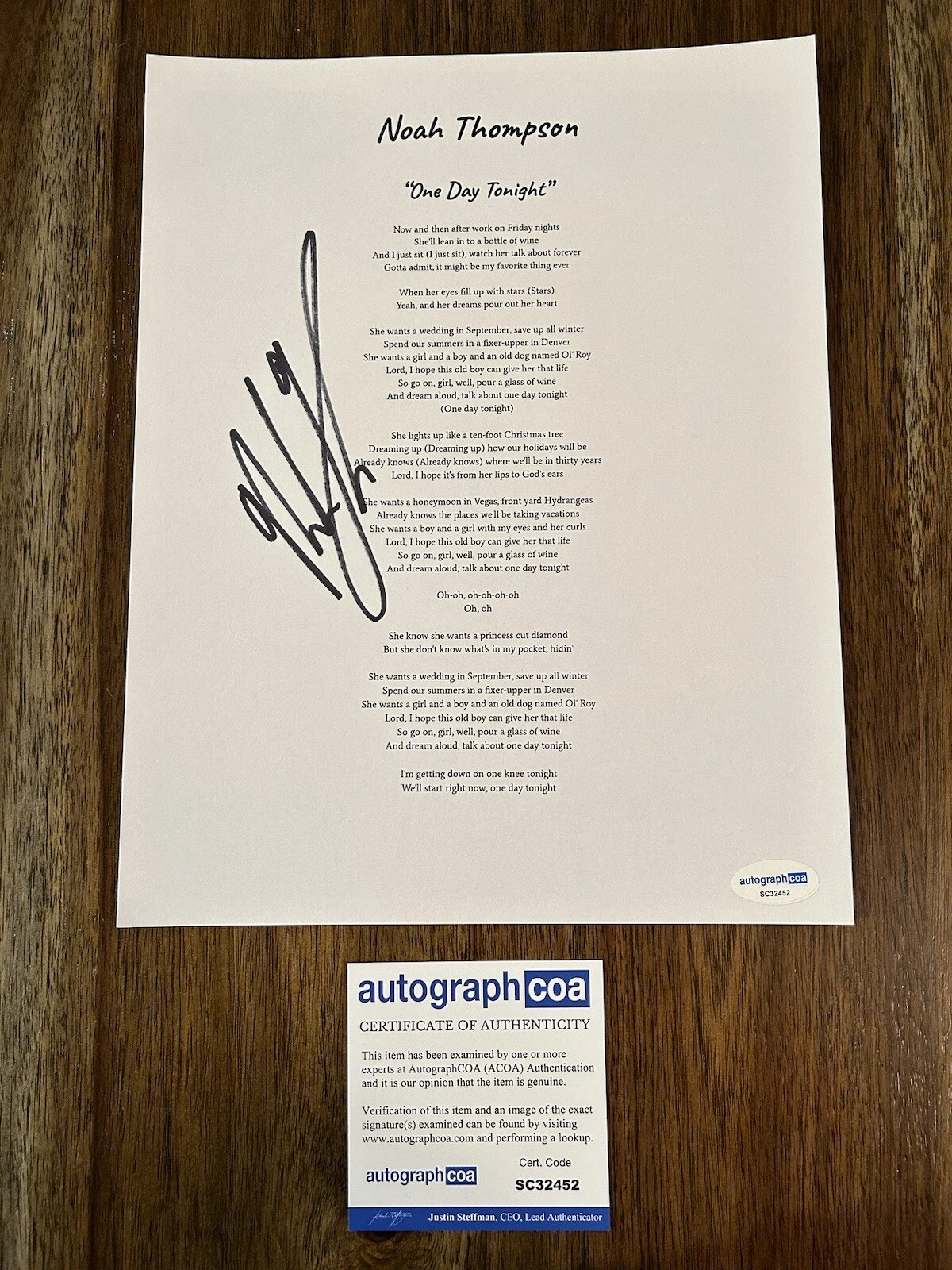Noah Thompson Country Singer Signed Autograph ‘One Day Tonight’ Lyric Sheet ACOA
