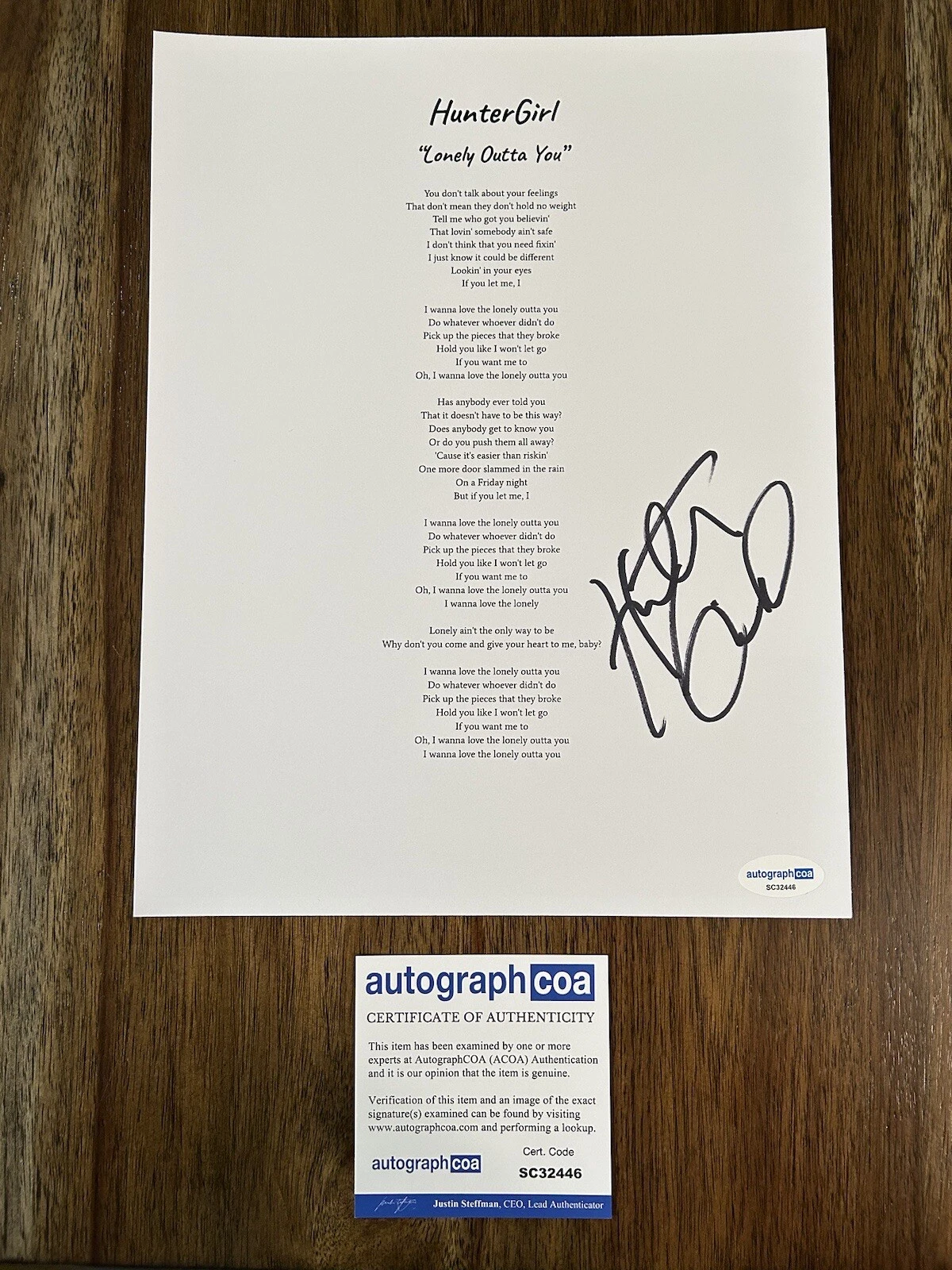 ‘HUNTERGIRL’ COUNTRY SINGER SIGNED AUTOGRAPH ‘LONELY OUTTA YOU’ LYRIC SHEET ACOA COLLECTIBLE MEMORABILIA