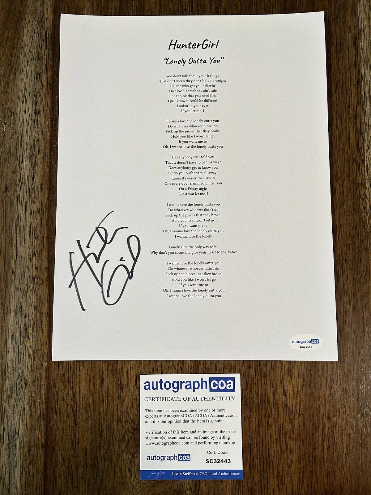 ‘HUNTERGIRL’ COUNTRY SINGER SIGNED AUTOGRAPH ‘LONELY OUTTA YOU’ LYRIC SHEET ACOA COLLECTIBLE MEMORABILIA