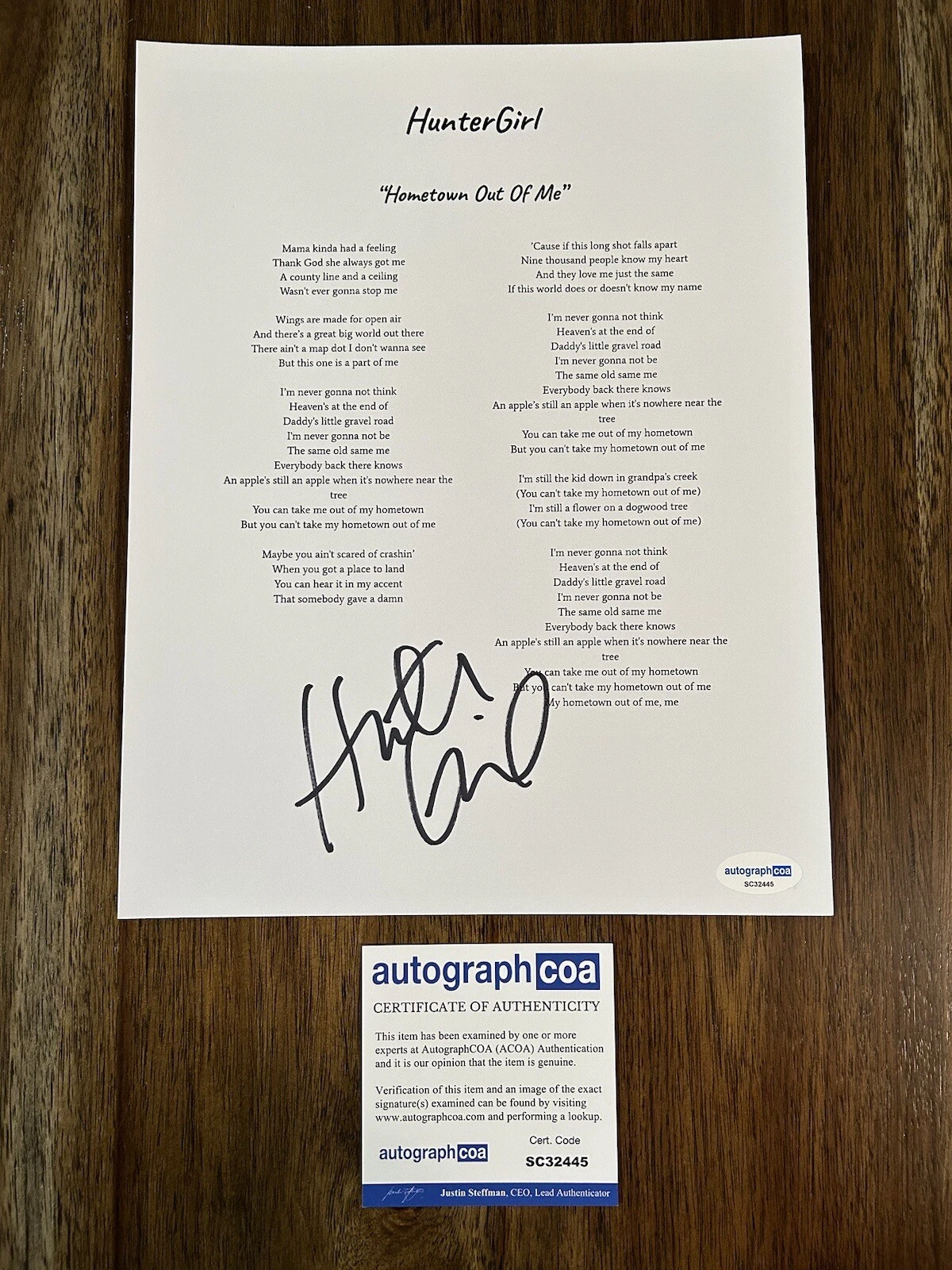 ‘HUNTERGIRL’ COUNTRY SIGNED AUTOGRAPH ‘HOMETOWN OUT OF ME’ LYRICS SHEET ACOA COLLECTIBLE MEMORABILIA