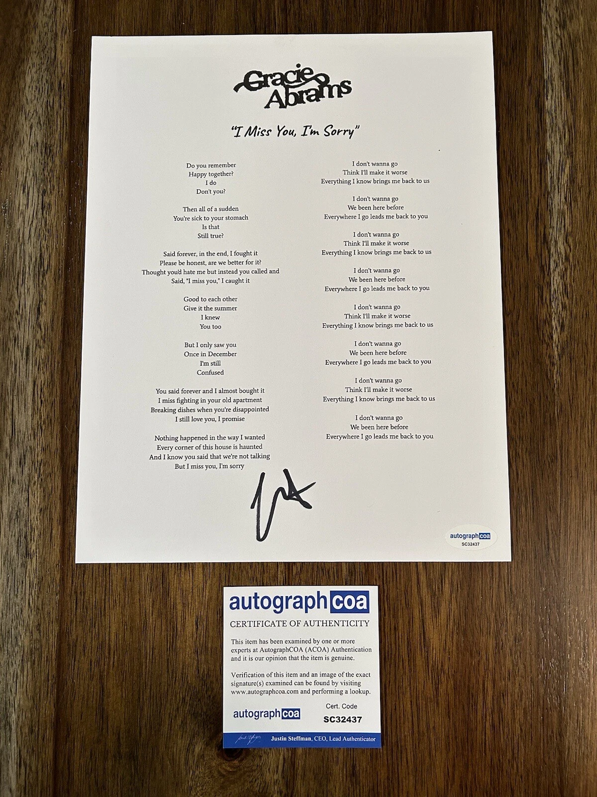 Gracie Abrams ‘I Miss You I'm Sorry’ Signed Autographed Lyrics Sheet ACOA
