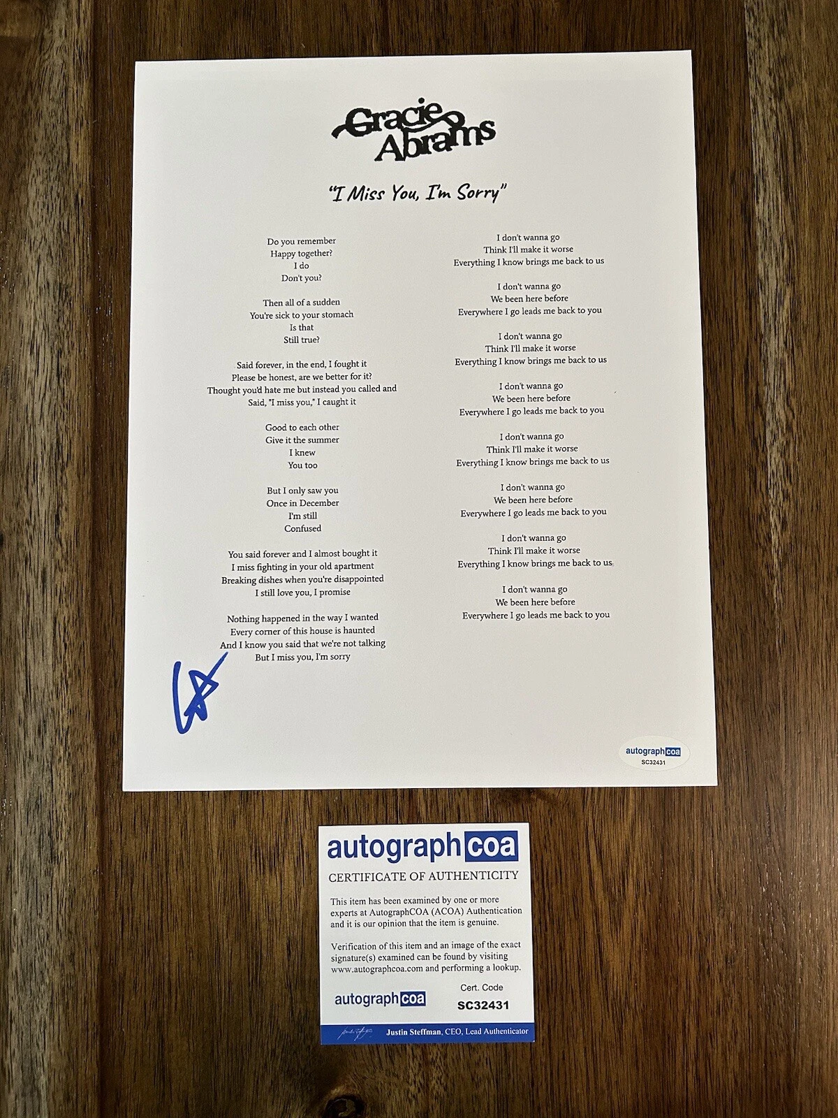 Gracie Abrams ‘I Miss You I'm Sorry’ Signed Autographed Lyrics Sheet ACOA
