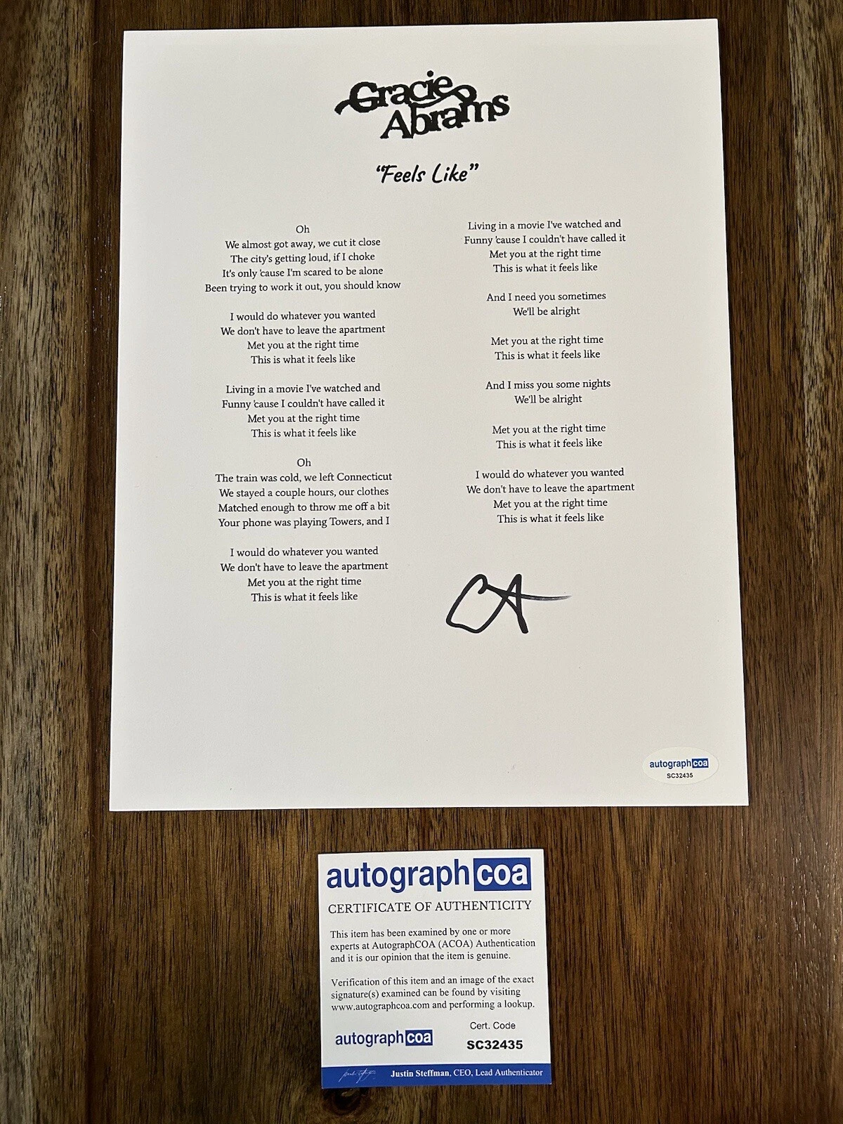 Gracie Abrams Pop Singer ‘Feels Like’ Signed Autographed Lyrics Sheet ACOA
