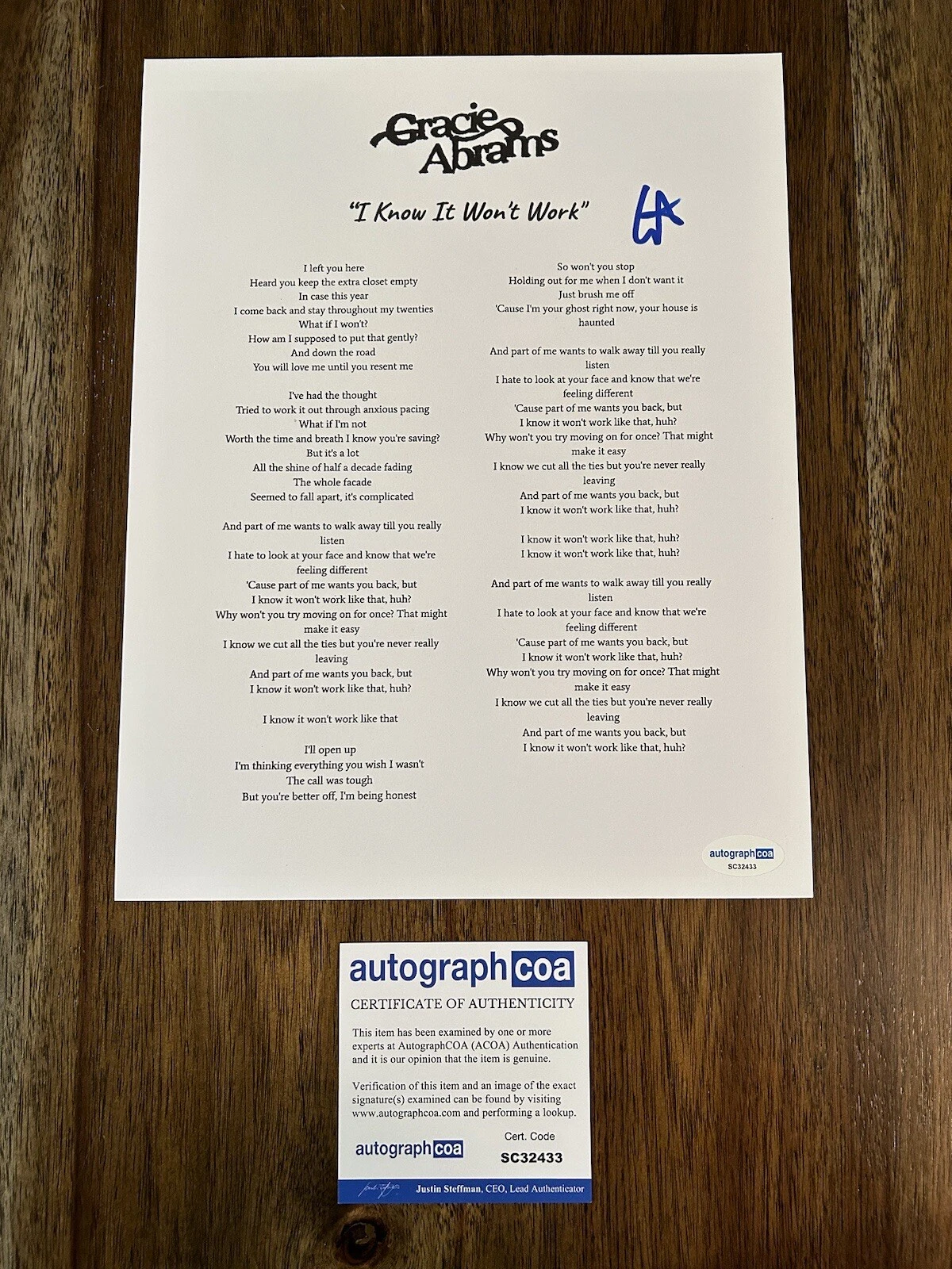 Gracie Abrams ‘I Know It Won’t Work’ Signed Autographed Lyrics Sheet ACOA
