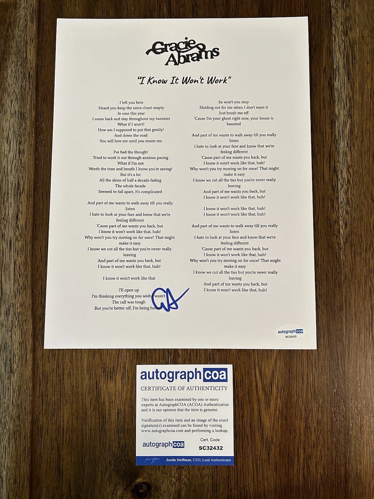 Gracie Abrams ‘I Know It Won’t Work’ Signed Autographed Lyrics Sheet ACOA
