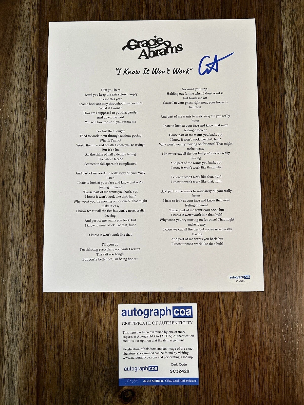 Gracie Abrams ‘I Know It Won’t Work’ Signed Autographed Lyrics Sheet ACOA
