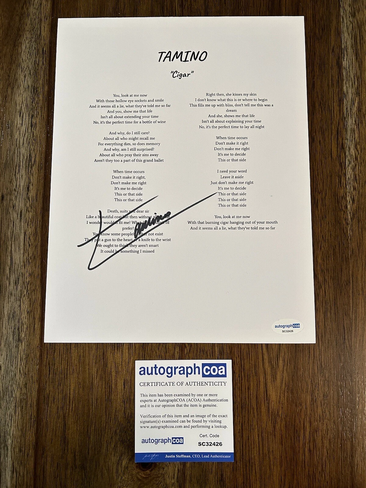 ‘TAMINO’ SINGER SIGNED AUTOGRAPH ‘CIGAR’ LYRICS SHEET ACOA COLLECTIBLE MEMORABILIA