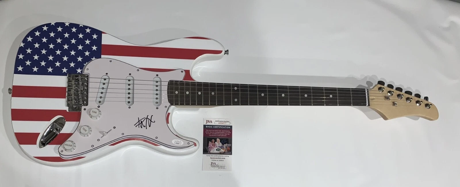 SPENCER CHARNAS SIGNED USA FLAG ELECTRIC GUITAR ICE NINE KILLS JSA COA
