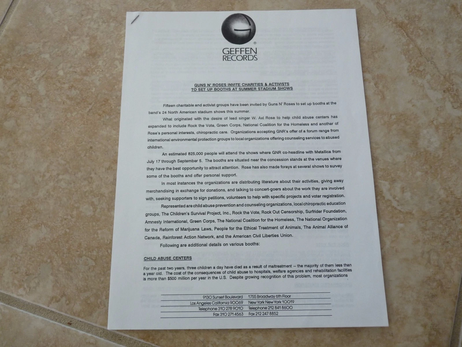 Guns & Roses Band RARE ILLUSIONS Era Geffen Records Charity Press Release 2 Page
