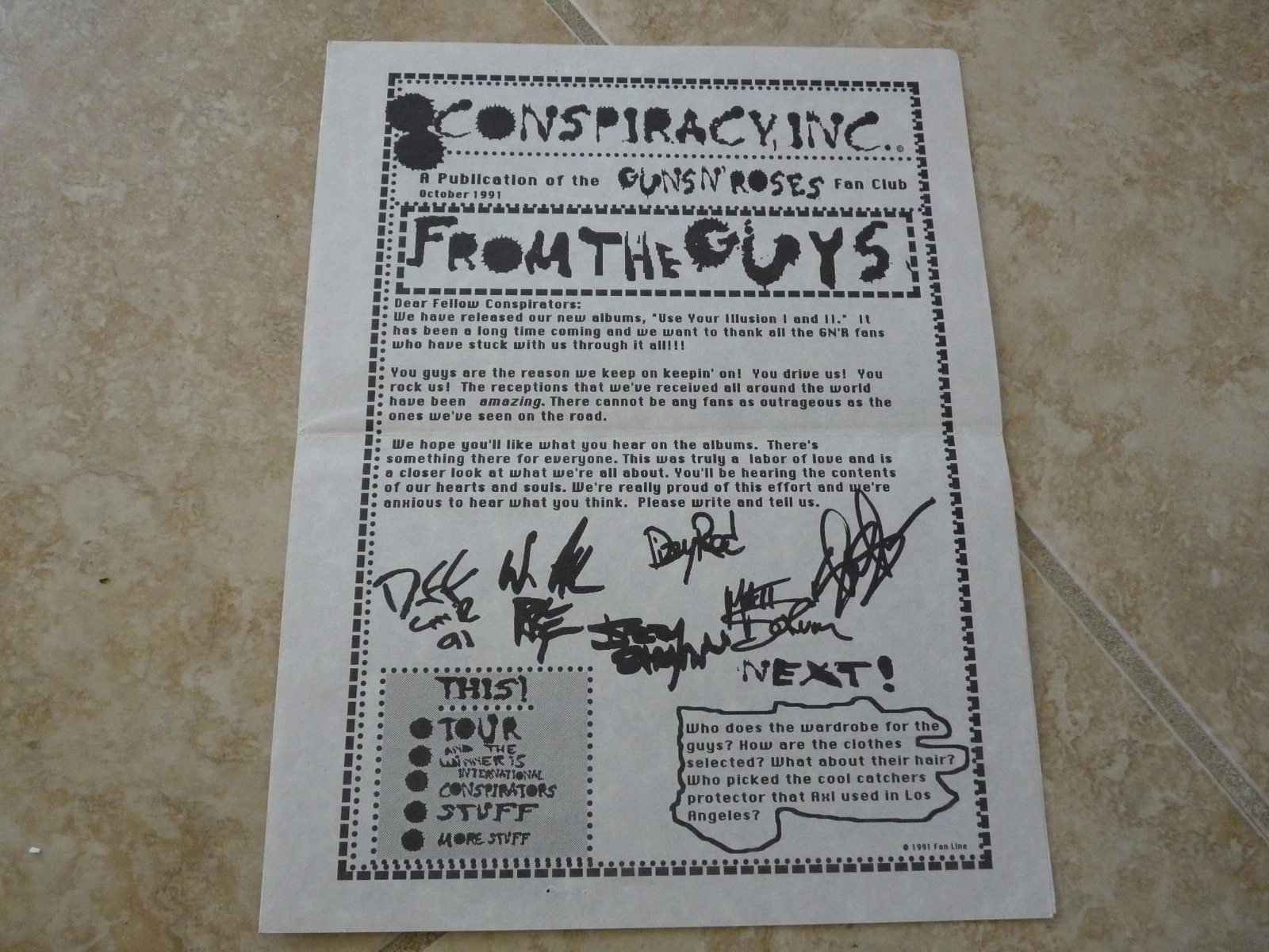 Guns & Roses Band RARE Oct 1991 Conspiracy Fan Club News Letter Axl Slash Izzy
