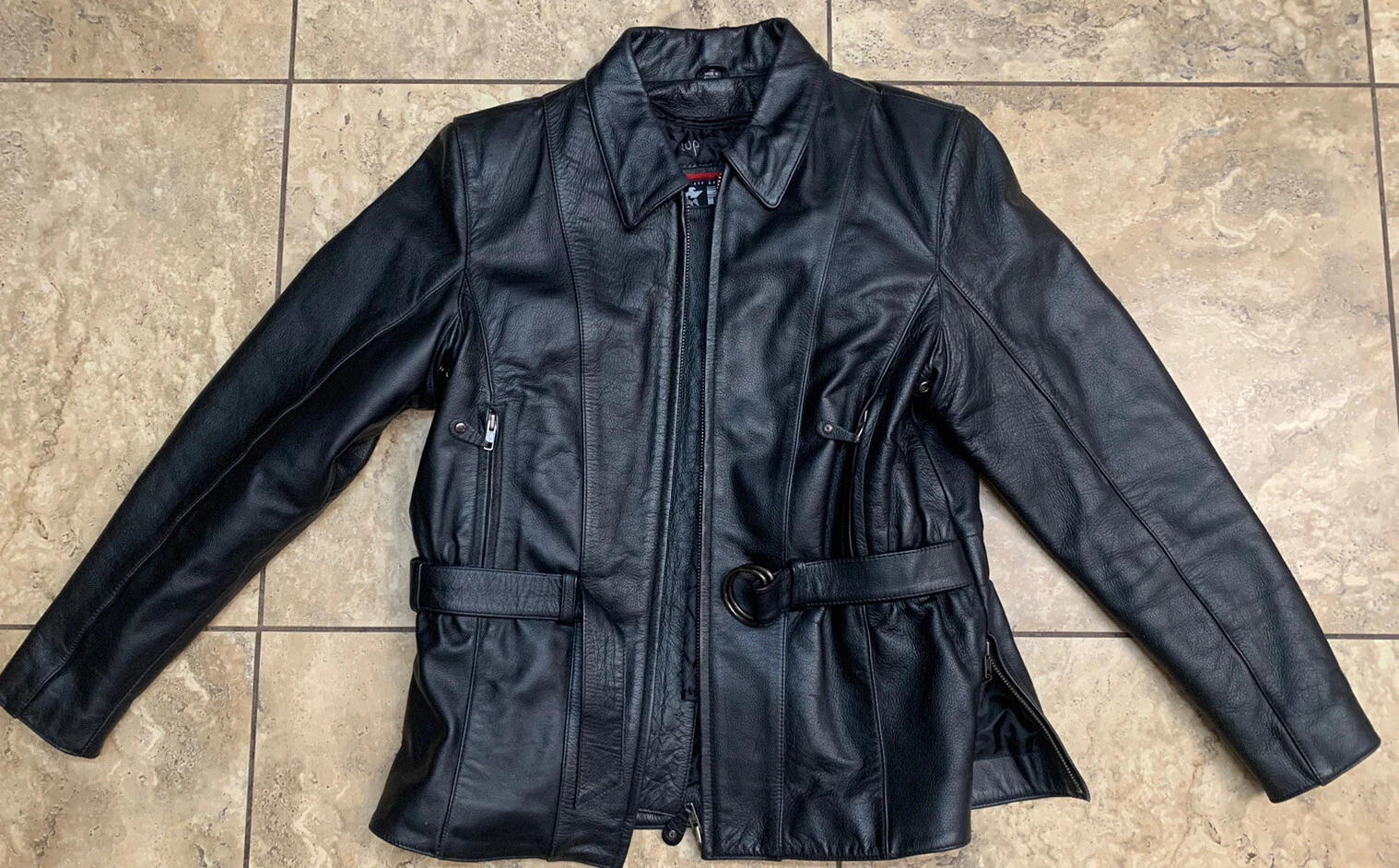 FIRST WOMAN’S HEAVY LEATHER JACKET COAT W/ LINING & BELT WAIST SIZE LARGE ROSE COLLECTIBLE MEMORABILIA