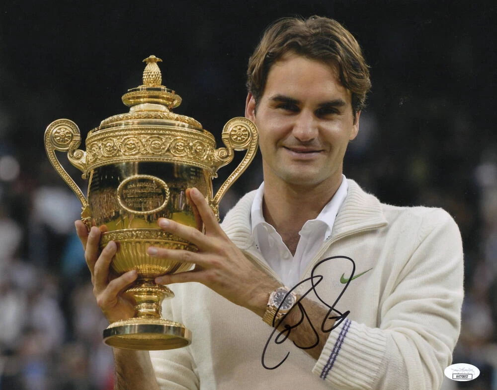 Roger Federer Signed Autograph 11x14 Photo - Tennis Star w/ Wimbledon Trophy JSA
