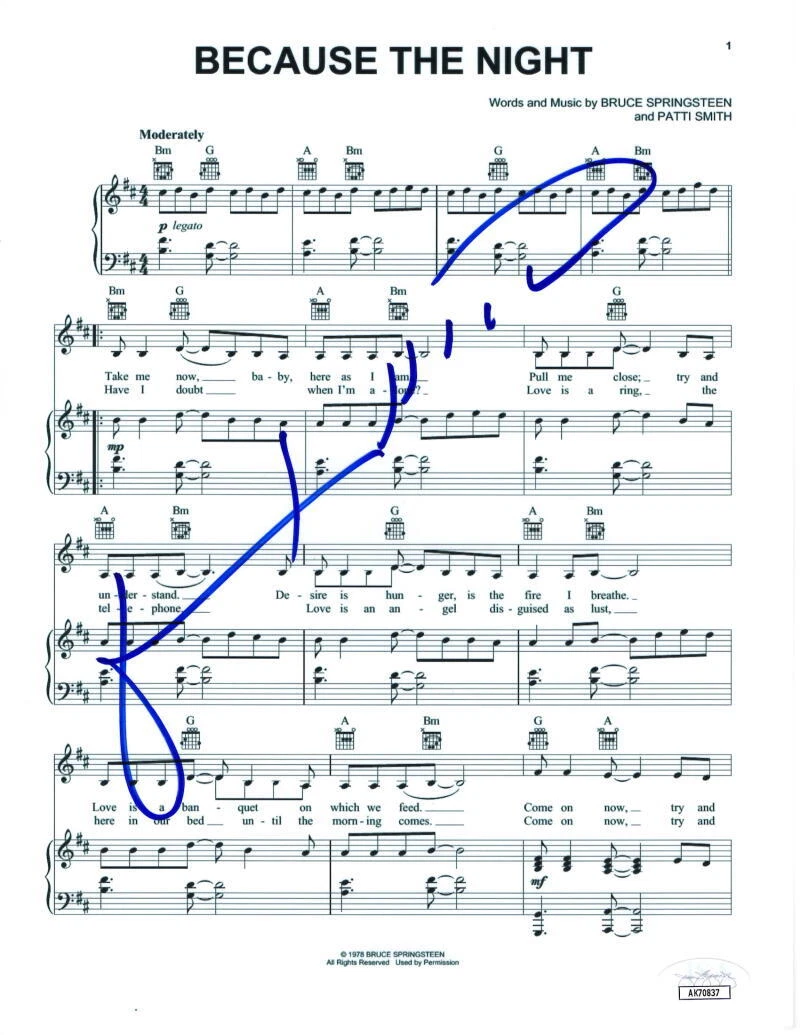 Patti Smith Signed Autograph Because the Night Sheet Music w/ Springsteen JSA
